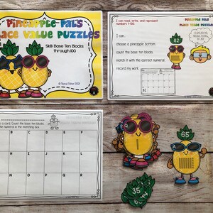 May include: Educational place value puzzles featuring cartoon pineapples. The set includes cards with base ten blocks, numerals, and the text "Pineapple Pals Place Value Puzzles". The image shows a variety of learning materials for math education.
