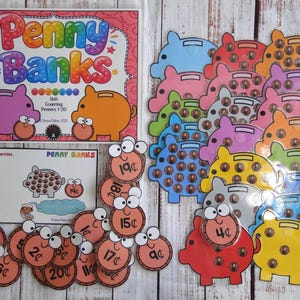 Penny Banks Counting Pennies 1-20 Money First Grade Kindergarten Math Teacher Made Centers Learning Resource Task Box Activity