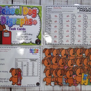 School Dog Beginning Ending Digraphs Phonics Task Cards Game Center Literacy Bag Teacher Resource First Kindergarten Second Grade