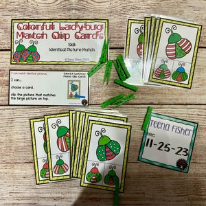 May include: Colorful ladybug match clip cards for kids. The cards feature different ladybug designs with red, black, and green colors. The cards are labeled "Colorful Ladybug Match Clip Cards" and "Identical Picture Match".