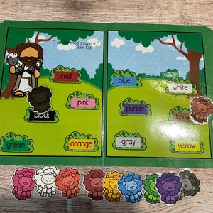 PDF バージョン イエス 善き羊飼い 羊 カラーマッチ ファイル フォルダー ゲーム センター 教師用リソース 幼稚園 幼稚園児 幼児向け聖書物語