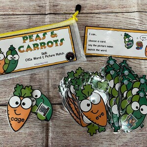 May include: A set of educational flashcards for kids featuring peas and carrots with the words "peas" and "carrots" written on them. The cards are designed to help children learn CVCe words and picture matching.