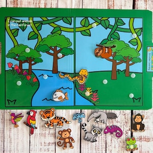 May include: A green file folder learning activity with a rainforest scene, featuring a blue river, green trees, and vines. Text reads I can put animals in the rainforest. Includes detachable animal cutouts like a tiger, monkey, and parrot.