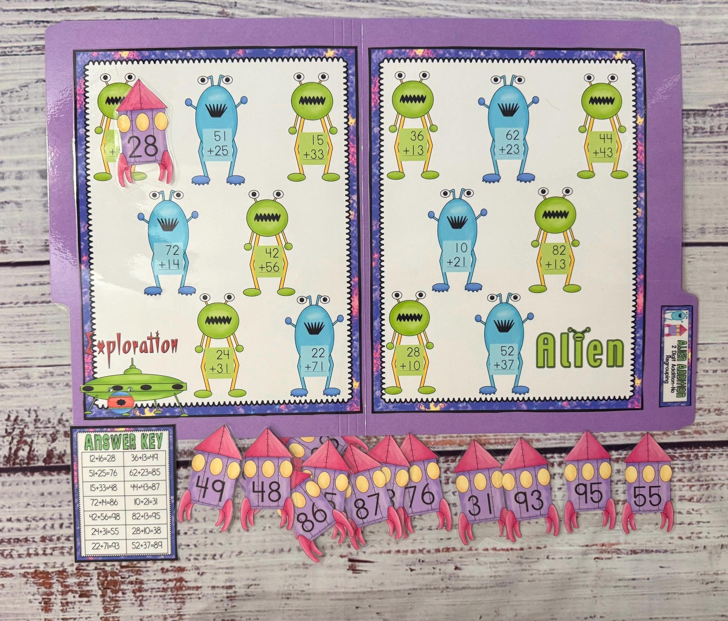 Alien Addition 2 Digit Math File Folder Game Center Teacher Resource ...