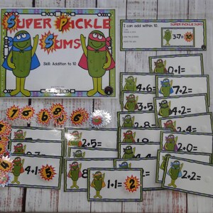 Super Pickle Sums Addition to 10 Math File Folder Game Center Teacher Resource Kindergarten First Grade Task Cards Busy Bag Box