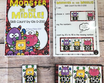 Monster in the Middle - Skip Counting by 10s Math Center Activity Homeschool First Grade Kindergarten