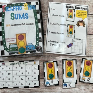 Traffic Sign Sums 3 Addends Kindergarten First Second Grade Math Task Box Game Center Activity Ready to Play