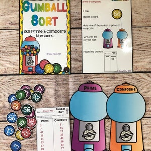 May include: Educational game set titled "Gumball Sort" for learning prime and composite numbers. Includes cards with numbers, gumball machine sorting mats, and an answer key. The game features colorful graphics and text.