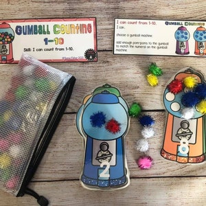 May include: A set of gumball machine counting cards with pom-poms for counting practice. The cards feature gumball machines with numbers 1-10 and the text "Gumball Counting 1-10".