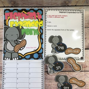 May include: A printable educational activity for kids to learn about expanded form of numbers. The activity features a colorful elephant illustration and a grid with letters of the alphabet. There are also cards with numbers and their expanded form.
