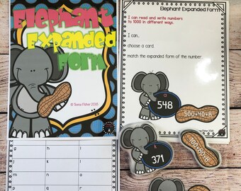 Elephant Expanded Form Math File Folder Game Center Teacher Resource 2nd 3rd Grade