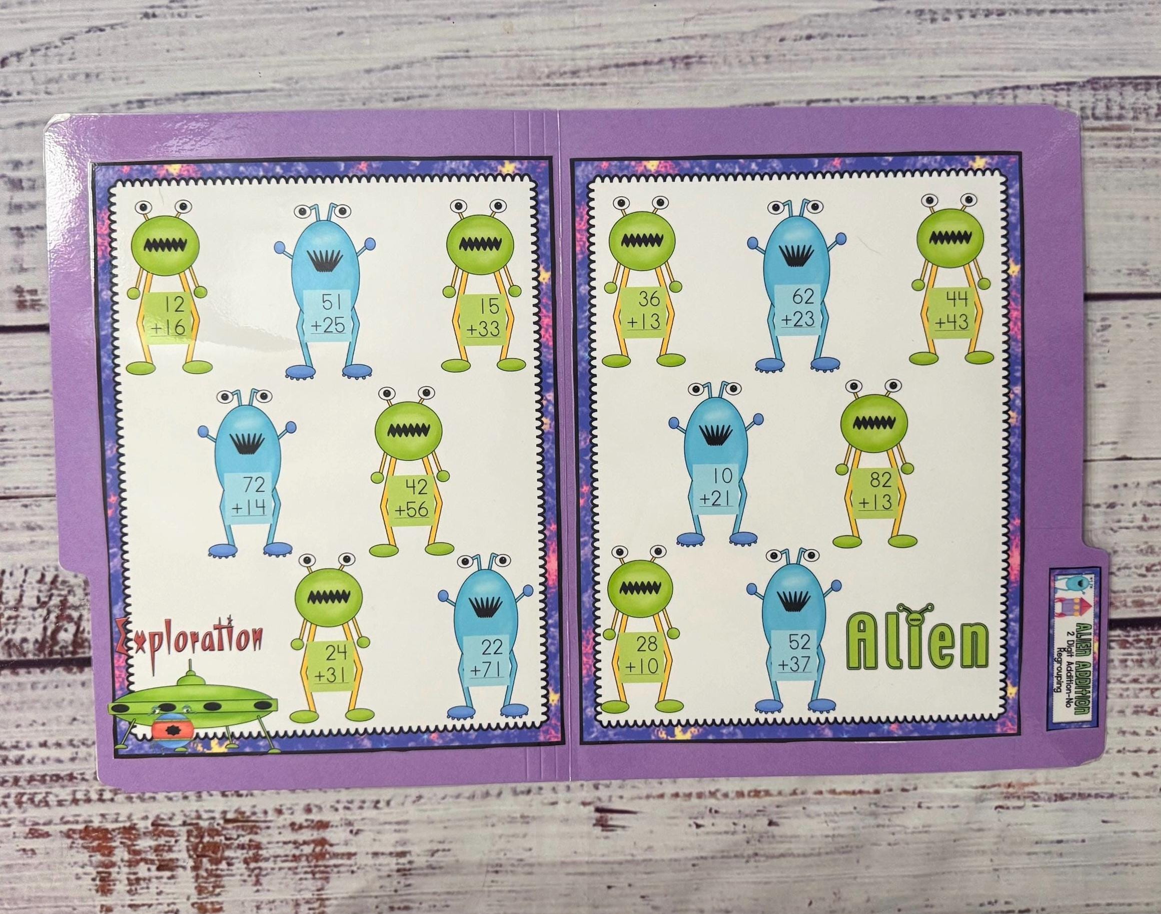 Alien Addition 2 Digit Math File Folder Game Center Teacher Resource ...