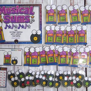 Musical Sums 2&3 Digit Addition w/regrouping First Second Grade Math Task Box Game Center Activity Ready to Play