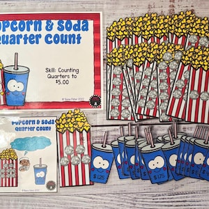 Popcorn & Soda Money Counting Quarters First Grade Kindergarten Math Teacher Made Centers Learning Resource Task Box Activity