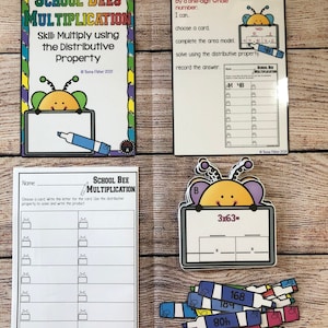 May include: A printable worksheet for teaching multiplication using the distributive property. The worksheet features a cartoon bee and the text "School Bees Multiplication".