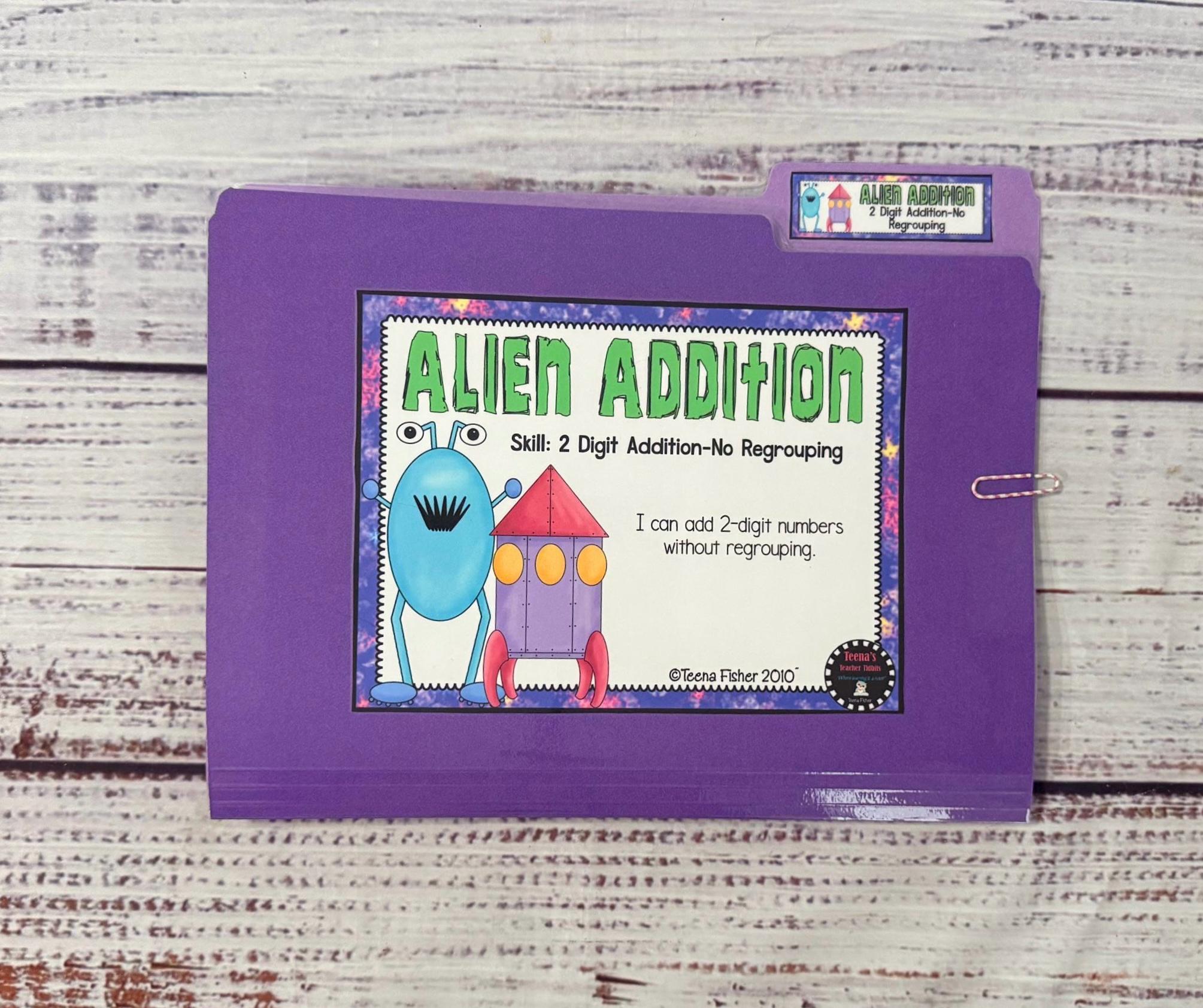 Alien Addition 2 Digit Math File Folder Game Center Teacher Resource ...