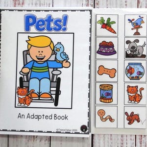 May include: A spiral-bound adapted book titled Pets! featuring a cartoon illustration of a child in a wheelchair with a blue bird and an orange cat. The right side displays a column of ten square cards with colorful pet-themed icons.