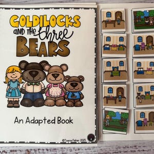 May include: A spiral-bound book titled "Goldilocks and the Three Bears: An Adapted Book" with illustrations of Goldilocks and the bears. Includes matching picture cards depicting scenes from the story. The cover features a blonde girl and three cartoon bears.