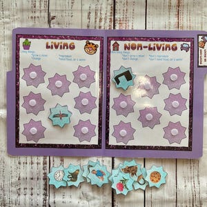 May include: A purple folder with two flaps, labeled "Living" and "Non-Living". Each flap has a grid of 10 star-shaped spaces with velcro dots. The "Living" flap has a picture of a cactus and a dragonfly. The "Non-Living" flap has a picture of a house and a car. There are 10 separate star-shaped pieces with pictures of various objects, including a clock, an elephant, a baby, a flower, and a cookie.