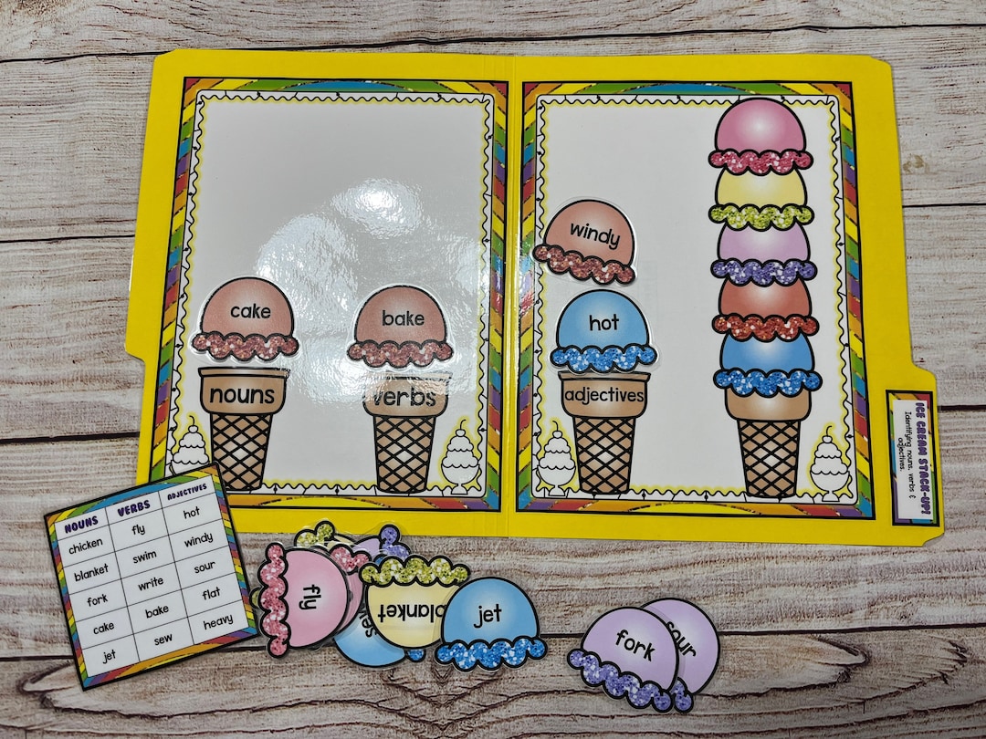 Ice Cream Stack up File Folder Game Literacy Center Grammar Nouns Verbs