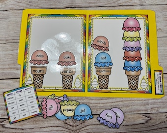 Versione PDF Cartella impilabile per gelato Gioco Centro di alfabetizzazione Grammatica Nomi Verbi Aggettivi Prima Seconda elementare