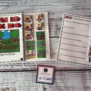 May include: An adapted book titled "Little Red Riding Hood" with colorful illustrations, along with comprehension questions and picture cards. The book cover features a cartoon of Little Red Riding Hood in a forest setting.