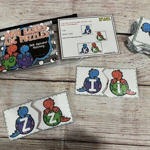Dino Babies Alphabet Puzzle  Cards Uppercase Lowercase Cards Preschool Kindergarten Homeschool Busy Bag Letters Task Box ABC Match