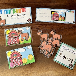 May include: Educational game set with cards and horse cutouts. The cards feature a red barn, a brown horse, and the text "IN THE BARN!" and "Errorless Learning". Includes a card with the date 2-18-24 and the name Teena Fisher.
