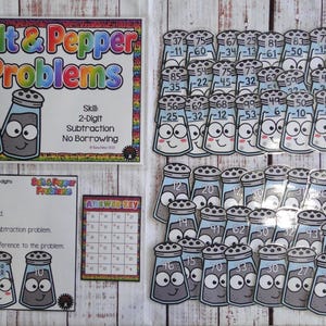Salt & Pepper Problems 2 Digit Subtraction First Second Grade Math Task Box Game Center Activity Ready to Play