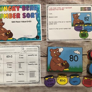 PDF VERSION Hungry Bear Number Sort 1-100 Place Value Base 10 Math First Second Grade Teacher Made Centers Learning Resource Busy Box Task