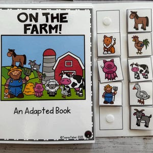 May include: An adapted book titled "ON THE FARM!" with illustrations of farm animals and a red barn. Includes matching picture cards of farm animals. The book is spiral-bound.