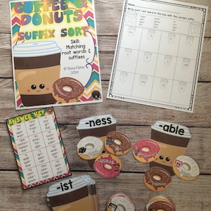 Coffee & Donuts Suffix Sort Literacy Center 1st, 2nd Grade Teacher Resource Phonics Grammar