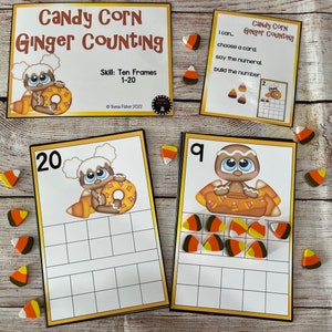 May include: A set of printable educational cards featuring a gingerbread character holding a candy corn donut. The cards are designed for counting and learning ten frames. The cards include the numbers 9 and 20.