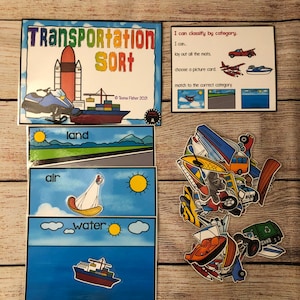 May include: A colorful educational game for kids to learn about different types of transportation. The game includes three categories: land, air, and water. There are pictures of various vehicles, including a car, a plane, a boat, and a rocket. The game is designed to help children learn about different modes of transportation and how they are used.