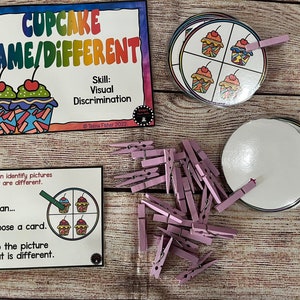 Cupcake Same/Different Clip Cards Visual Discrimination Task Box Busy Bag Laminated Classroom  Game Fine Motor Preschool Special Education