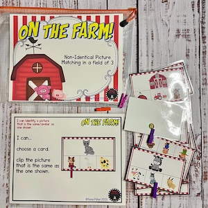 May include: A printable educational game for kids featuring farm animals. The game includes a title card with the text "On the Farm!" and a set of cards with pictures of farm animals. The game is designed to help children learn about farm animals and develop their matching skills.
