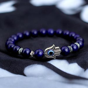 Bransoletka z ręki Hamsa Evil Eye | Bransoletka ochronna Lapis Lazuli | Bransoletka z koralików srebrnych | Talizman szczęścia