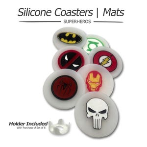 May include: Silicone coasters featuring superhero logos, including Batman, Green Lantern, and Spider-Man. The set includes a holder. The text on the image reads "Silicone Coasters | Mats" and "SUPERHEROES".