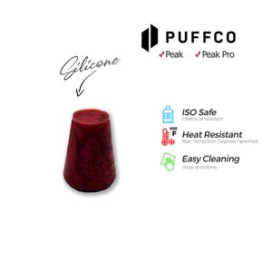 May include: A maroon silicone product with the word "Silicone" written above it. The product is cone-shaped and has the brand name "PUFFCO" with the words "Peak" and "Peak Pro" next to it. The product is heat resistant up to 600 degrees Fahrenheit.