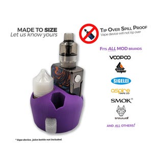 May include: Purple 3D printed vape stand with a juice bottle and vape mod. The stand is designed to prevent tipping over and fits all popular vape brands including Voopoo, Geek Vape, Sigelei, Aspire, Smok, and Snowwolf.  "MADE TO SIZE Let us know yours" and "TIP OVER SPILL PROOF Vape device will not tip over" are written on the image.