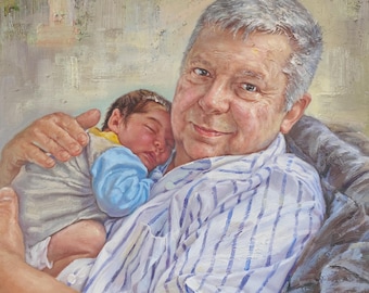 Customized oil portrait, Grand&son, oil painting on canvas.
