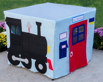Kids Tablecloth Playhouse, All Aboard Train Station, Fits Your Card Table, Custom Order, Personalized