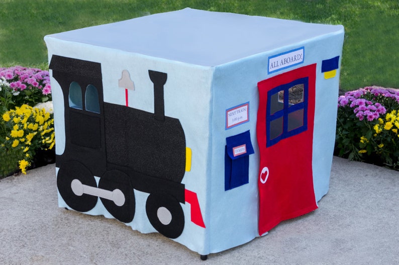 Kids Tablecloth Playhouse, All Aboard Train Station, Fits Your Card Table, Custom Order, Personalized image 1