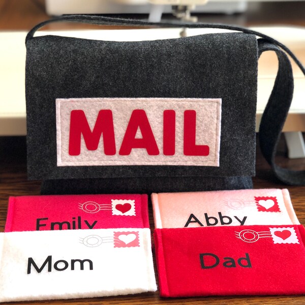 Personalized Mail Bag and Working Envelopes for Pretend Play, Mail Set, Dark Gray Mail Bag, Custom Order