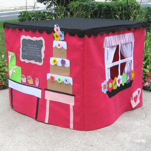 Card Table Playhouse, Cupcakery with curtains, Black Scalloped Roof, 40 Interactive Play Pieces, Custom Order image 2