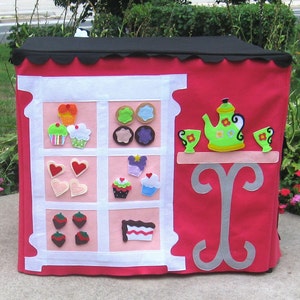 Card Table Playhouse, Cupcakery with curtains, Black Scalloped Roof, 40 Interactive Play Pieces, Custom Order image 3