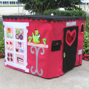 Card Table Playhouse, Cupcakery with curtains, Black Scalloped Roof, 40 Interactive Play Pieces, Custom Order image 1