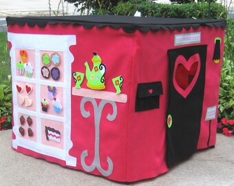 Card Table Playhouse, Cupcakery with curtains, Black Scalloped Roof, 40 Interactive Play Pieces, Custom Order