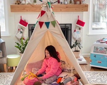 Kids Teepee Play Tent, Natural Canvas, Ships Fully Assembled, FIVE great sizes available, Gift for Child
