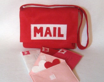 Red Mail Set, Mail Bag with Working Envelopes for Pretend Play, Mailman costume, Play Mailman, Post Office, Custom Order